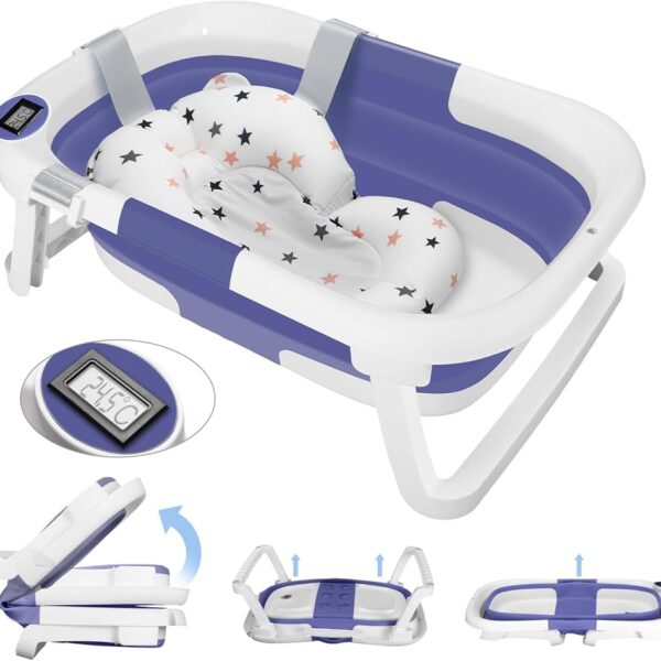 Baignoire Pliable Antidérapants - Affichage de la Température & Coussin de Siège - Bleu
