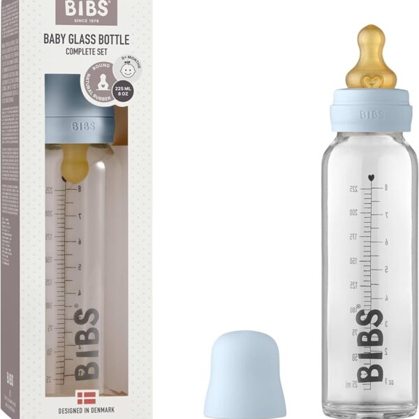 Biberon en verre 240 ml avec tétine en caoutchouc naturel Bleu - Bibs