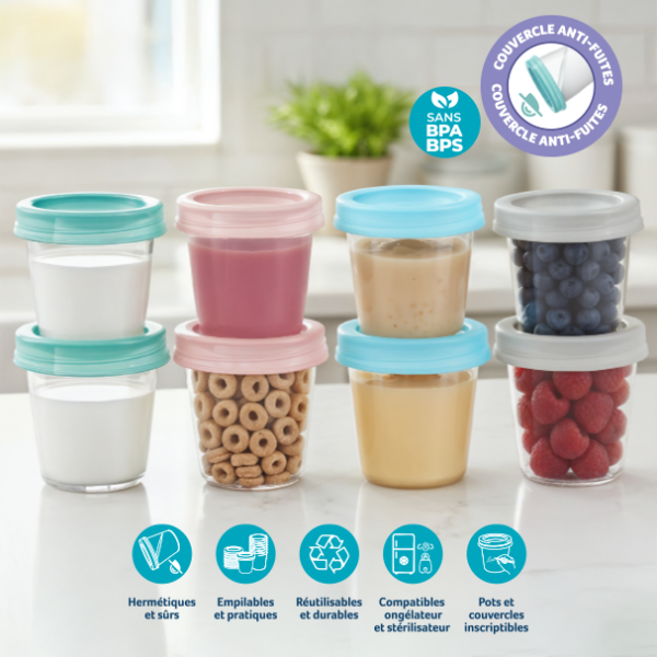 8 Pots de conservation pour lait maternel et repas de bébé -  Mammia