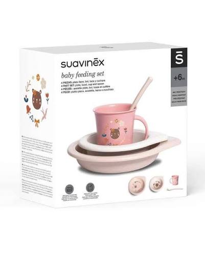 Set Repas Bébé 4 Pièces 6M+Rose Micro ondes&Lave vaisselle -Suavinex